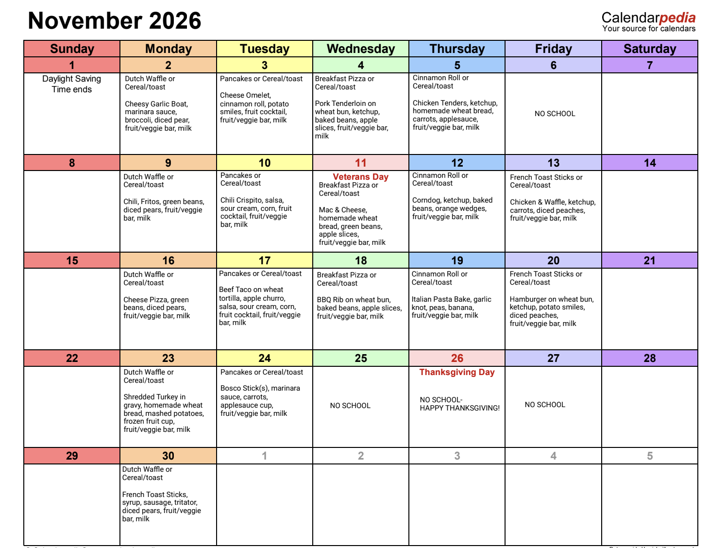 November 2026 menu