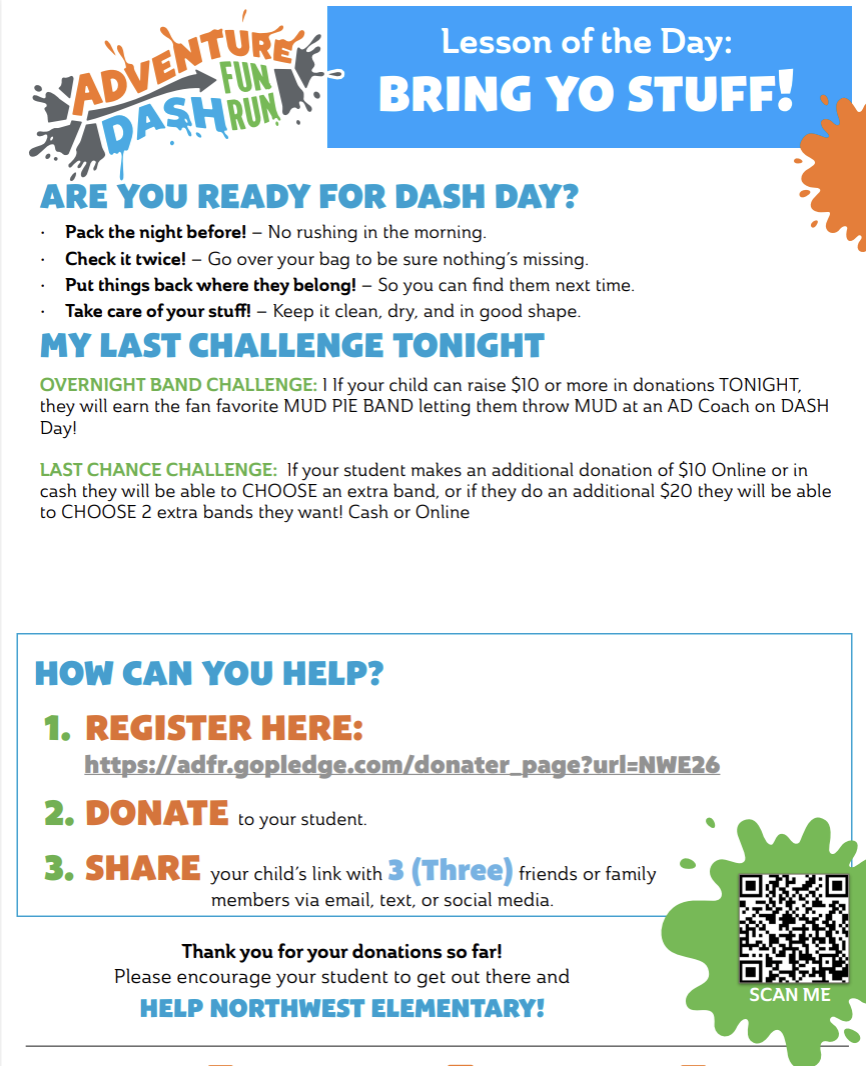 A flyer for the 'Adventure Fun Dash Run' event with instructions and donation information.