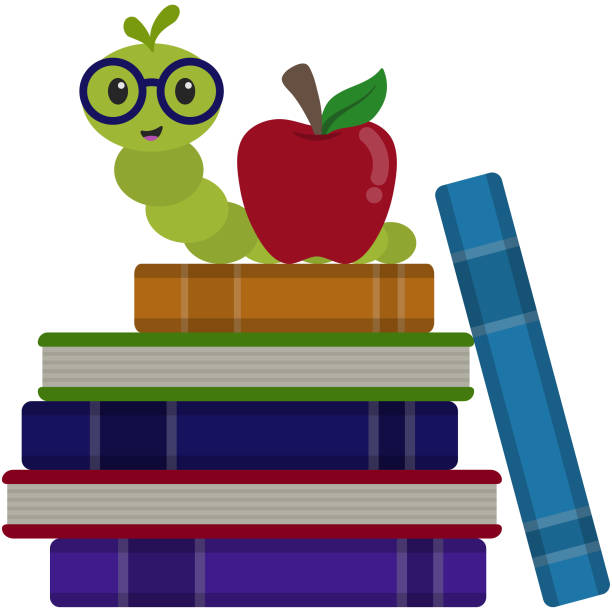 A cheerful green caterpillar wearing glasses sits on a stack of colorful books next to a red apple.