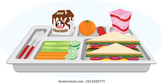 A school lunch tray holds two sandwiches, carrot sticks, cucumber slices, an orange, a strawberry, chocolate milk, and yogurt.