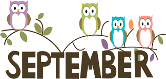 Four colorful cartoon owls perch on a branch above the word 'SEPTEMBER'.