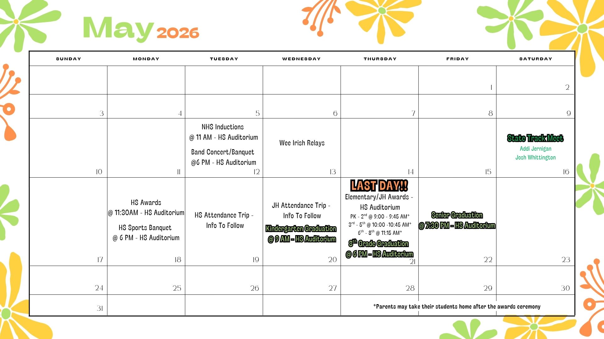 End of Year Calendar