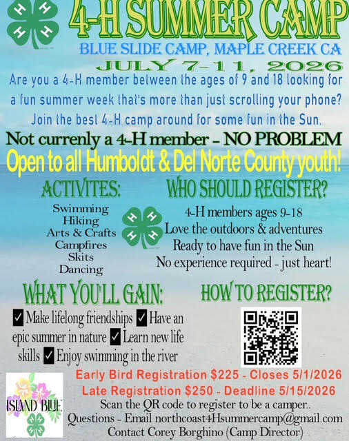Poster for 4-H Summer Camp at Blue Slide Camp, Maple Creek CA, July 7-11, 2026.