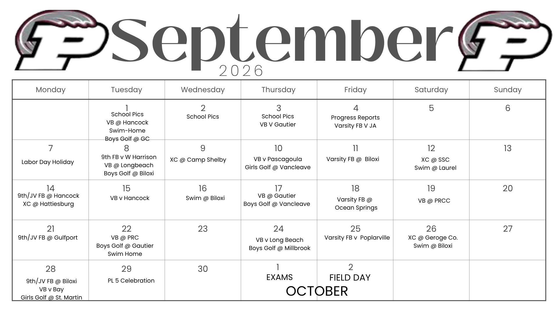 September Calendar-always subject to change