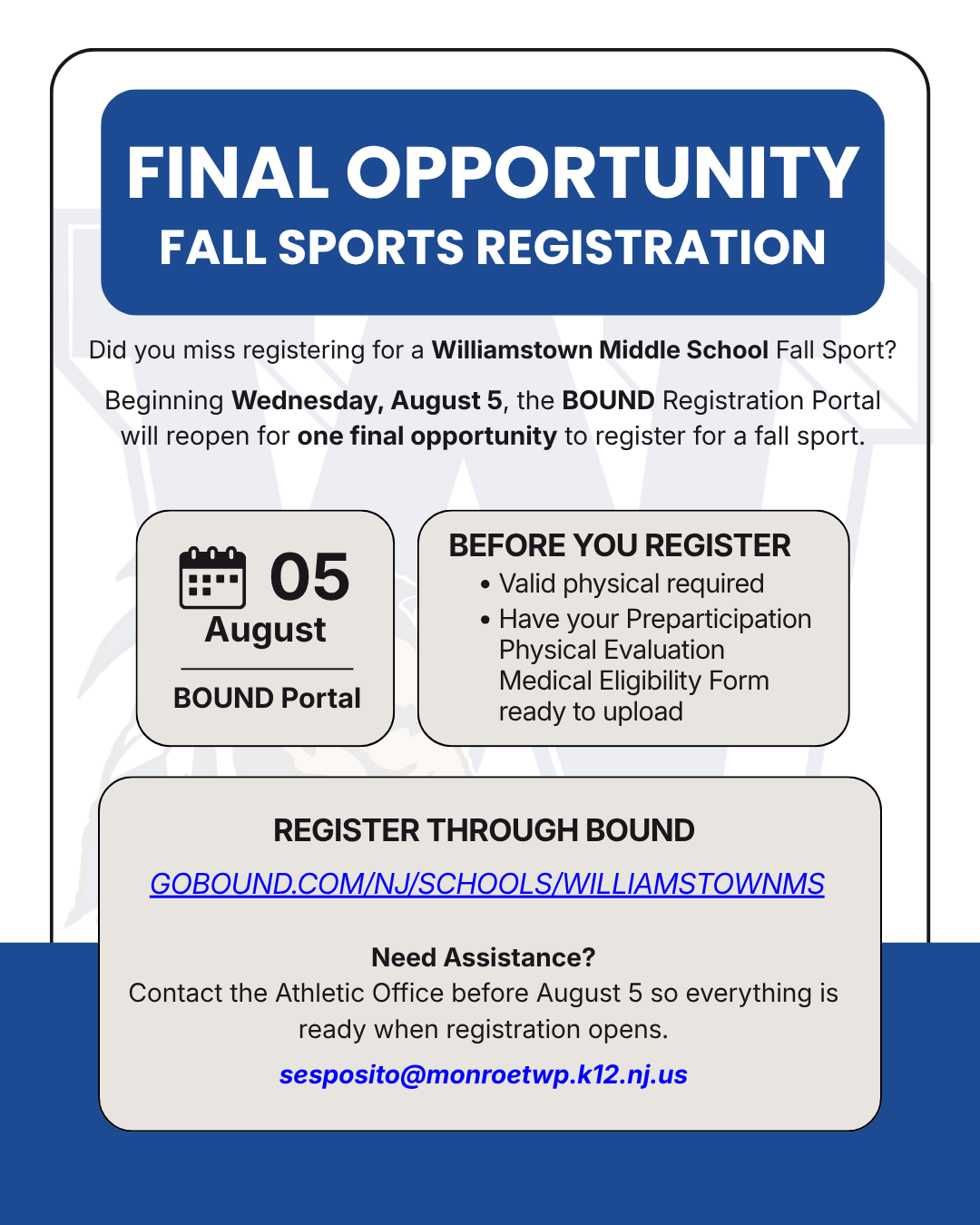 Final Opportunity to Register for Williamstown Middle School Fall Sports