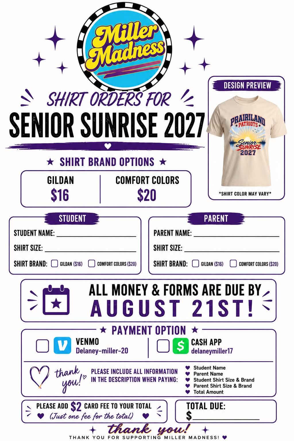 Senior Sunrise Information and Shirt Order