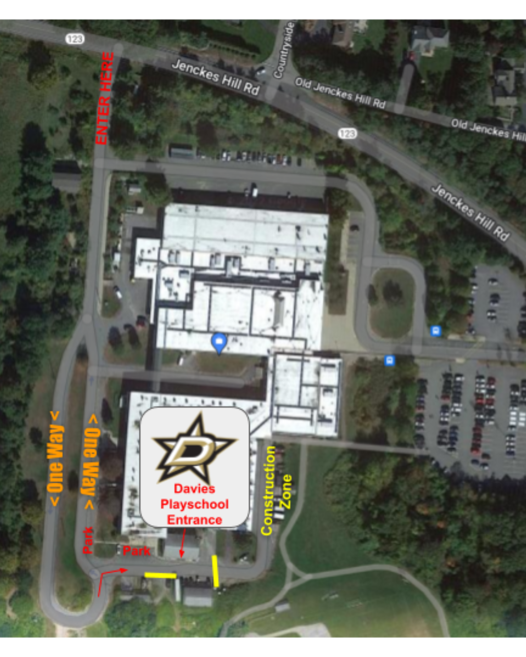 Aerial view of Davies Playschool entrance with directional arrows and text labels.