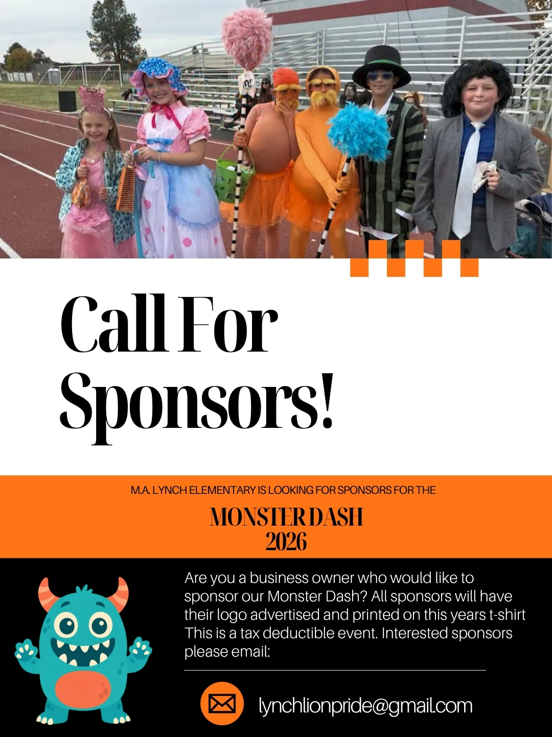 A promotional flyer for the Monster Dash 2026, featuring children in Dr. Seuss and movie character costumes.