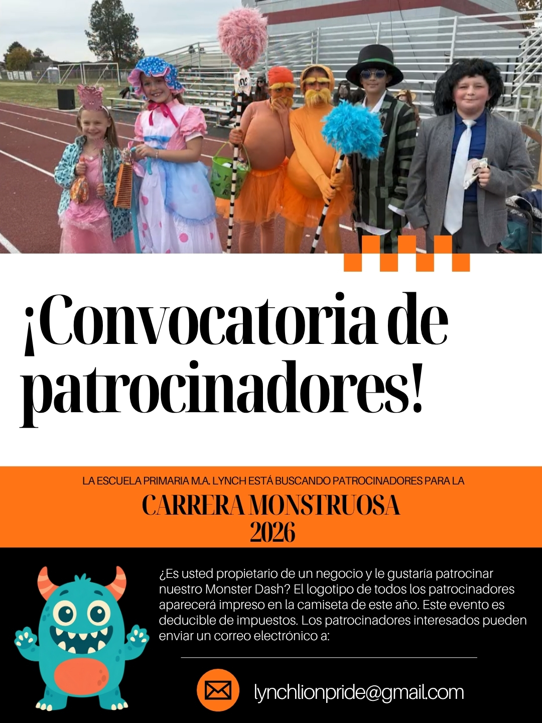 A promotional flyer for the Carrera Monstruosa 2026 at M.A. Lynch Elementary, featuring costumed children.