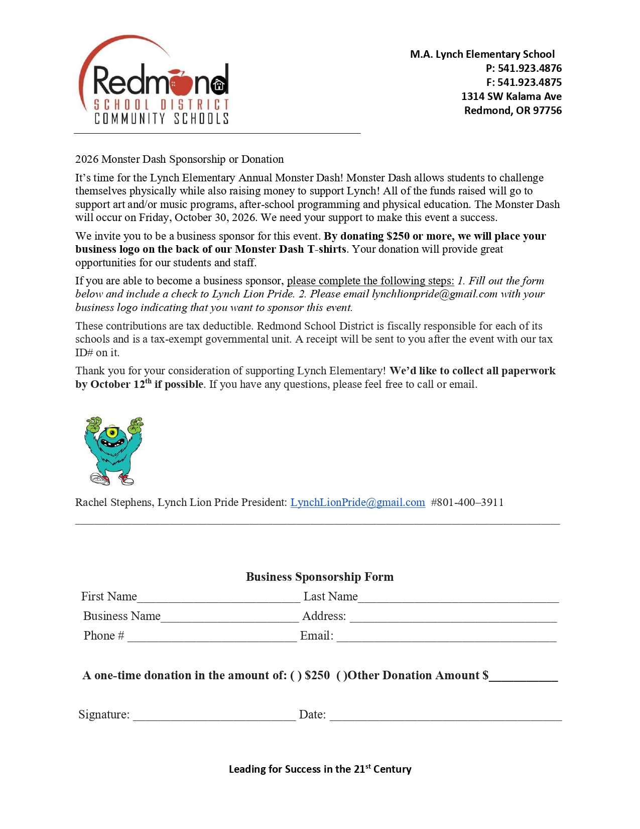 A sponsorship request letter from M.A. Lynch Elementary School for their 2026 Monster Dash event.