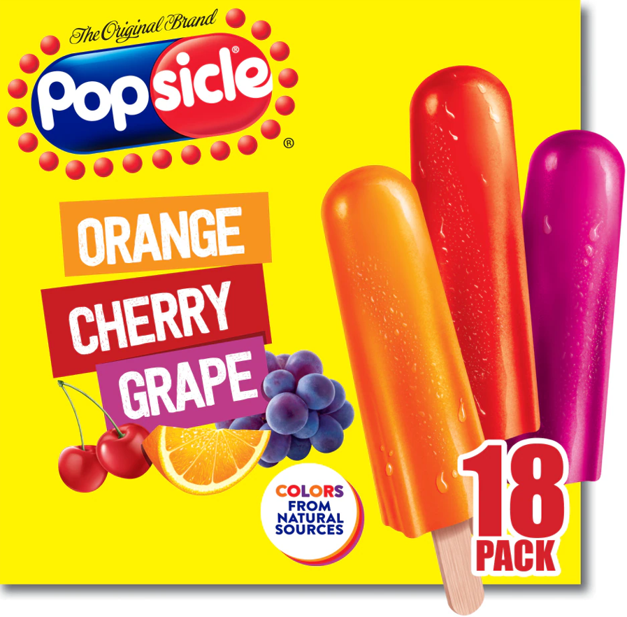 A bright yellow background features the Popsicle logo and three colorful ice pops: orange, red, and purple.