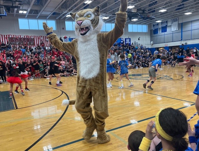 A mascot in a lion costume waves to a crowd in a school gymnasium.