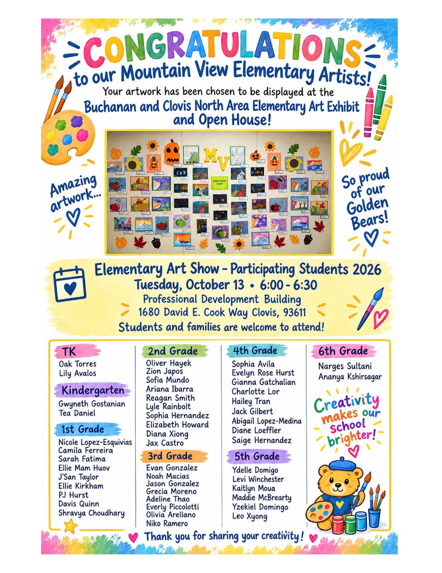 A colorful flyer congratulates Mountain View Elementary artists and lists details for the art show on October 13, 2026.