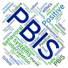 A word cloud graphic featuring blue and green text focused on PBIS, behavioral, positive, and intervention themes.