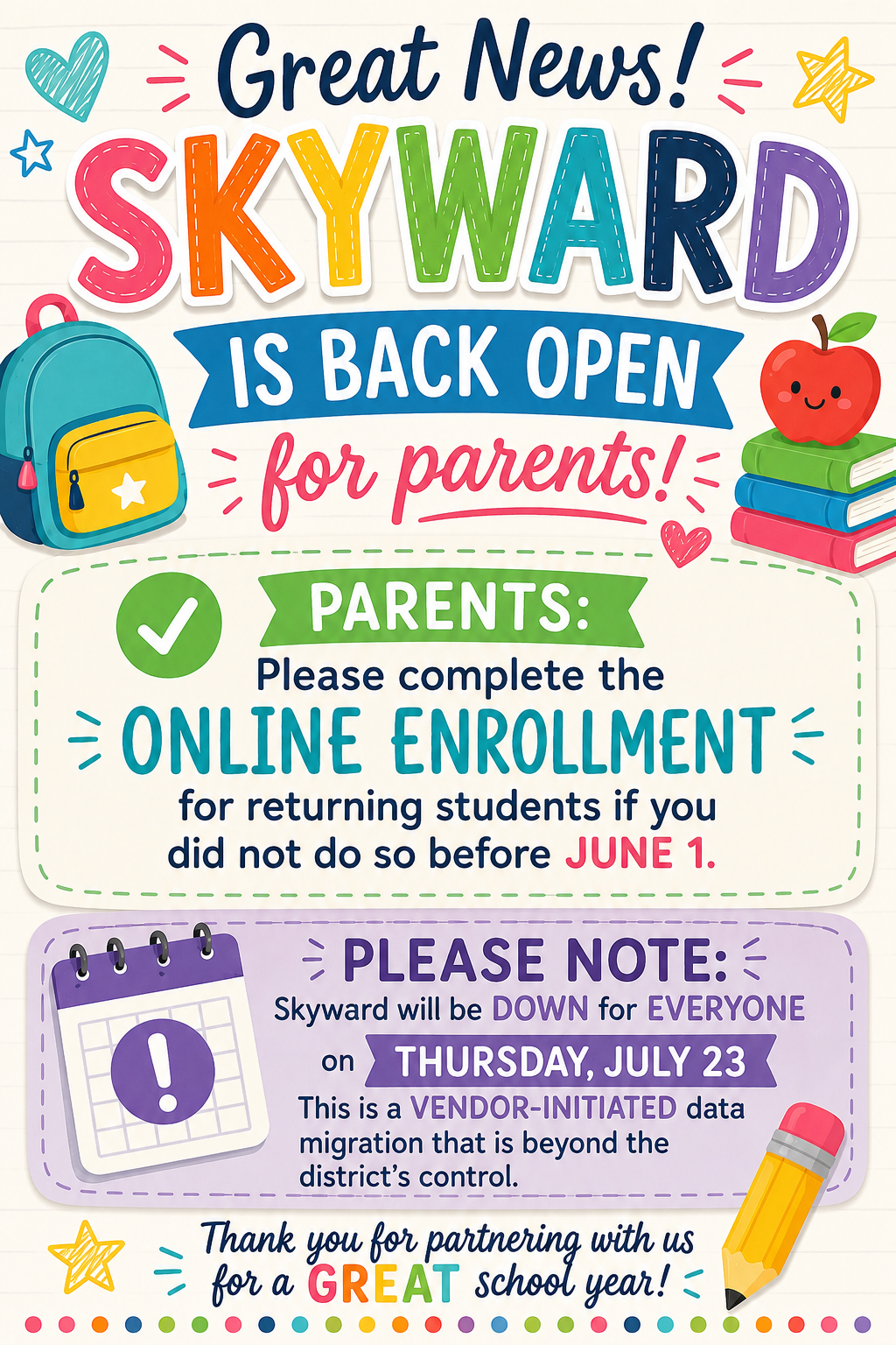 Illustration announcing "Great News! SKYWARD IS BACK OPEN for parents!" with colorful text and school-themed graphics.