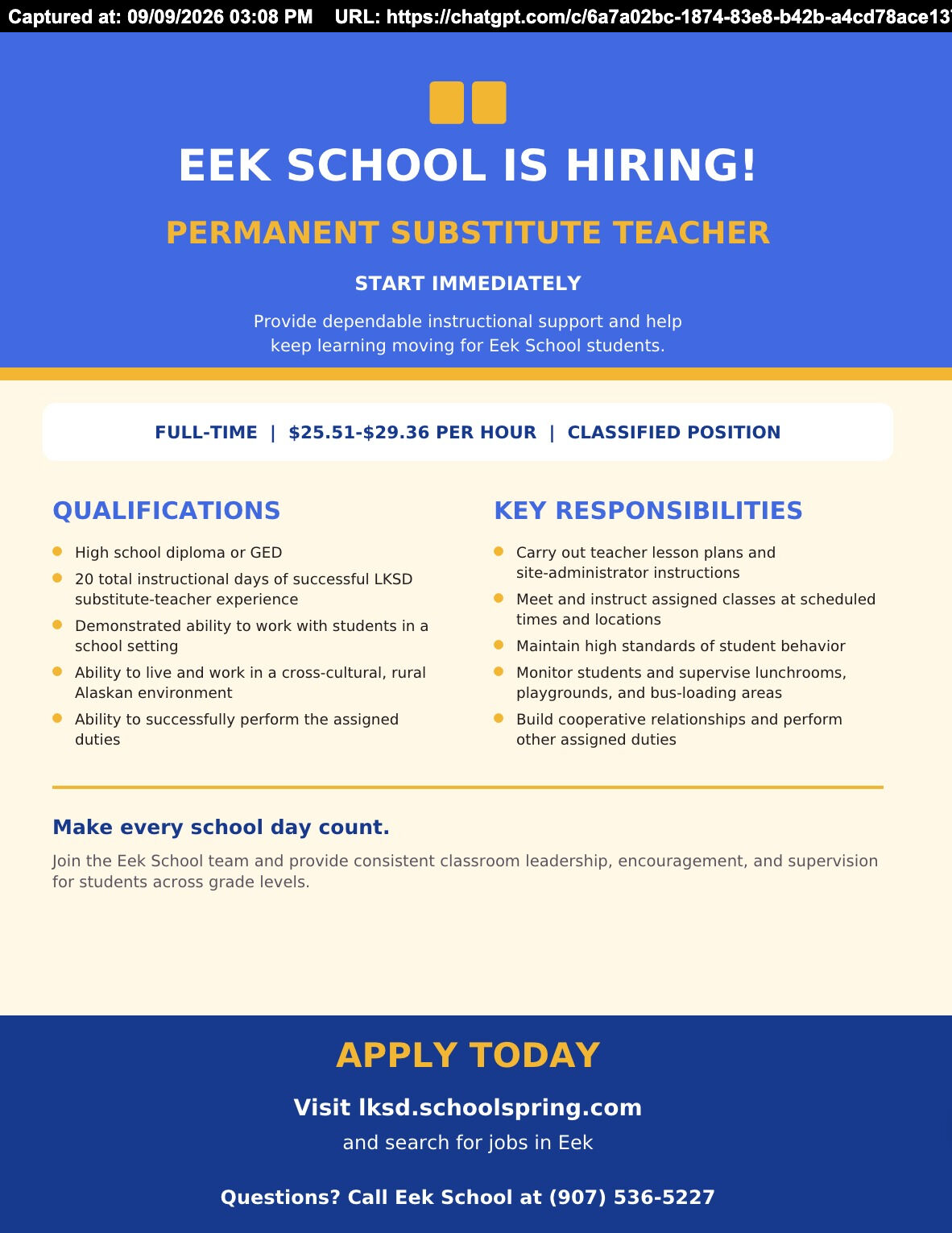 Coming Join The Winning Team! Permanent Substitute Teacher Position Available