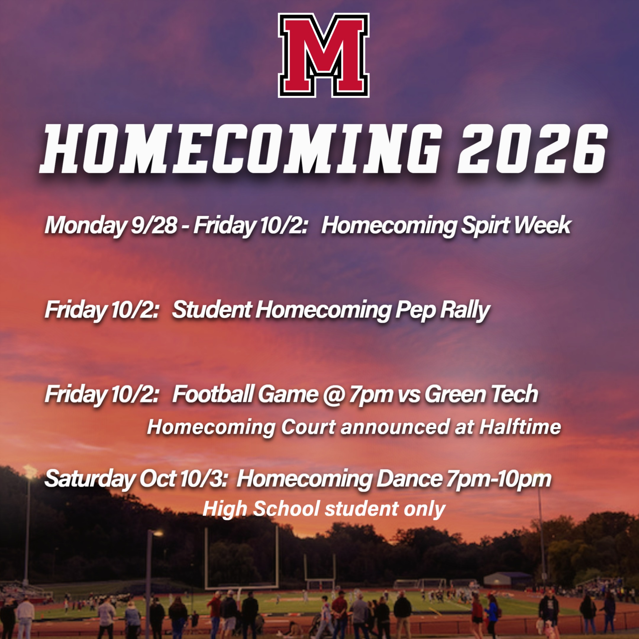 Homecoming Week:  Monday, September 28th - Saturday October 3rd