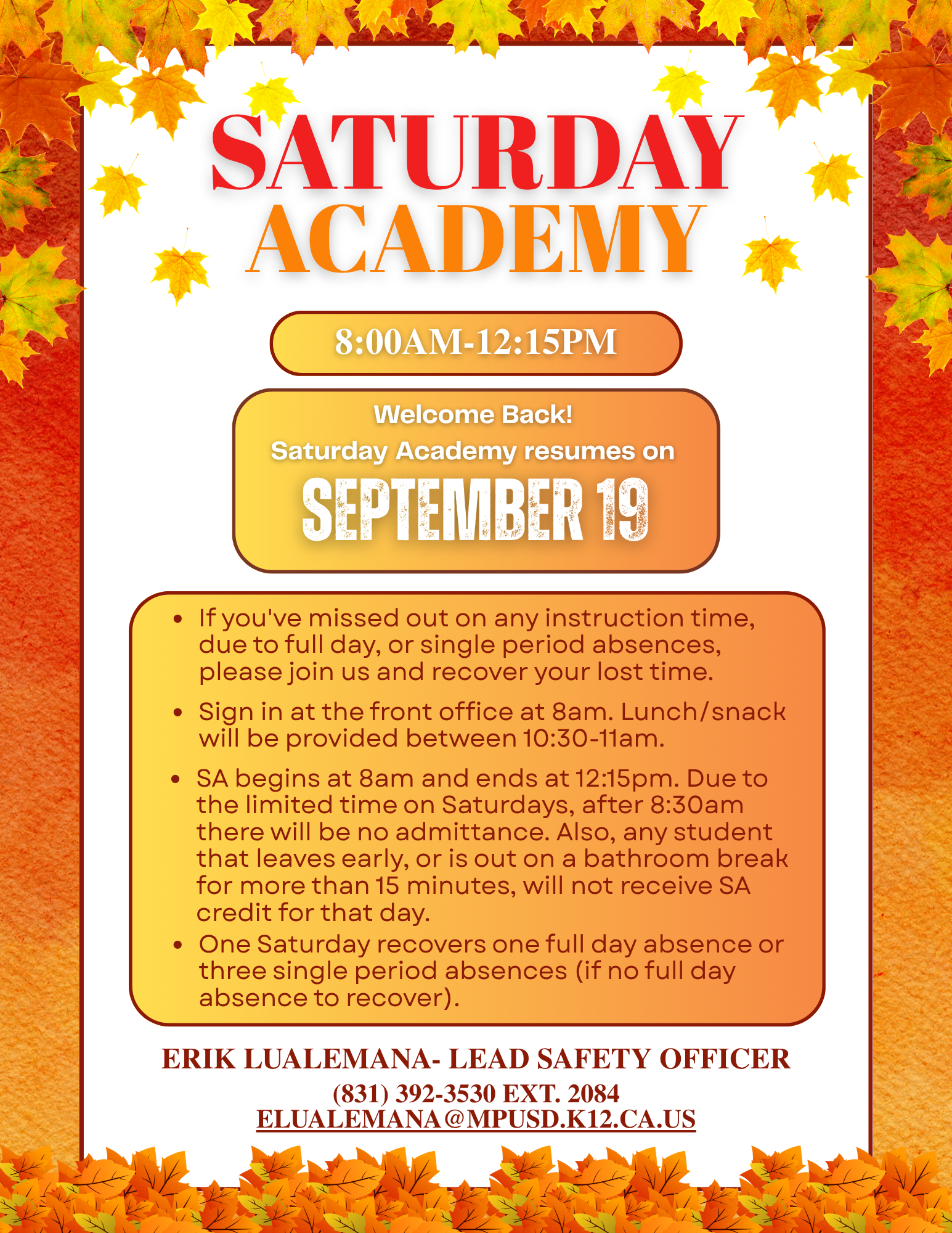 Saturday Academy 9/19/2026