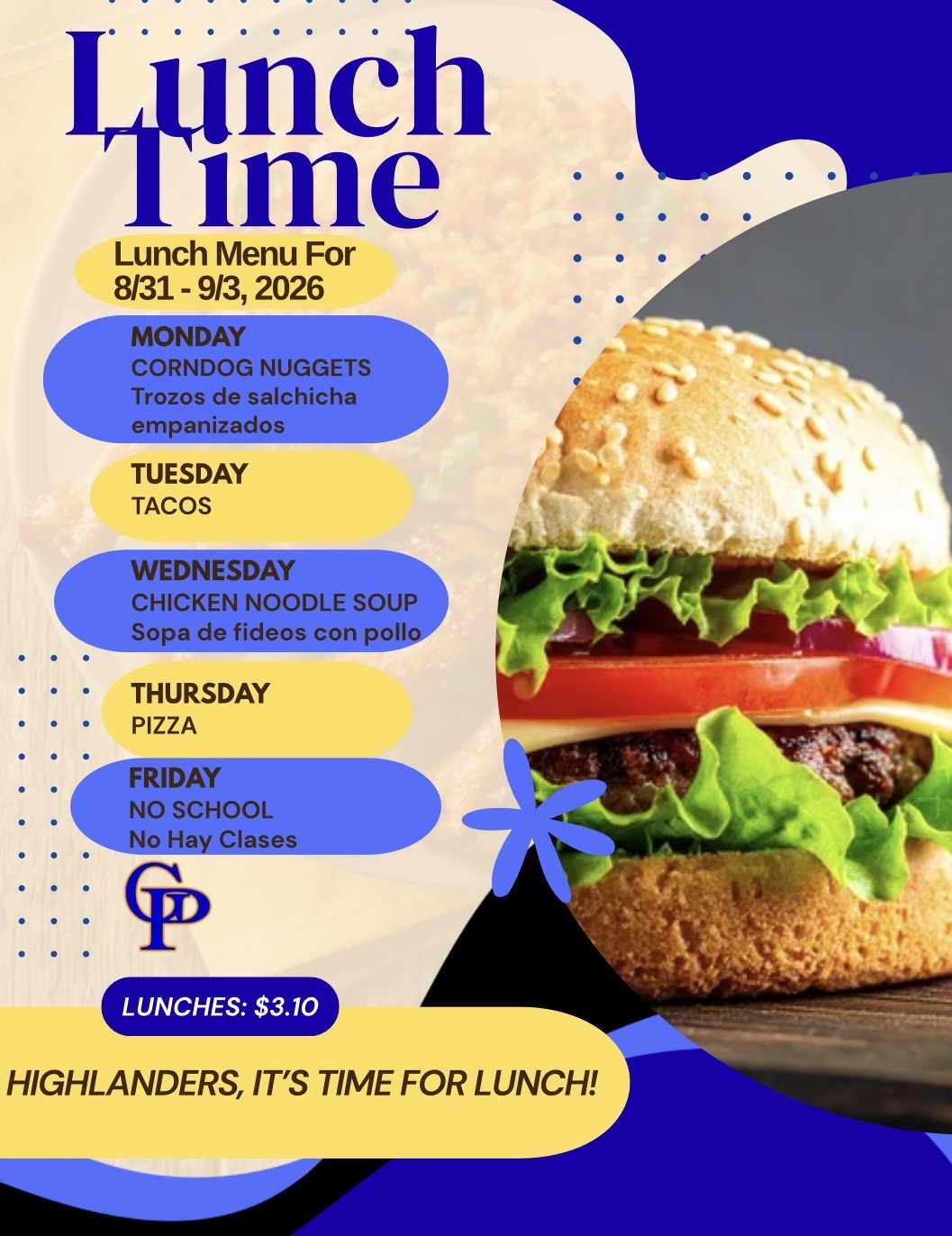 Lunch Menu For August 31-September 3, 2026