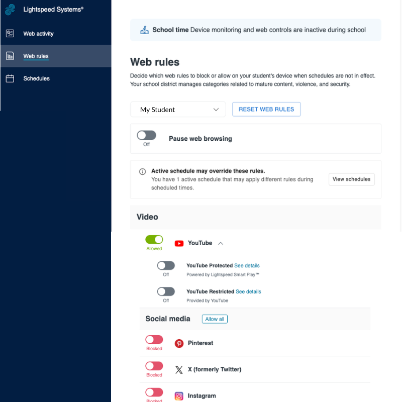 screen shot of custom web browsing rules in lightspeed