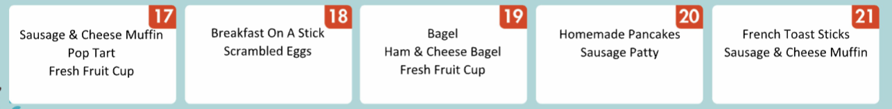 A menu displays breakfast options including Sausage & Cheese Muffin, Pop Tart, and Fresh Fruit Cup for day 17.