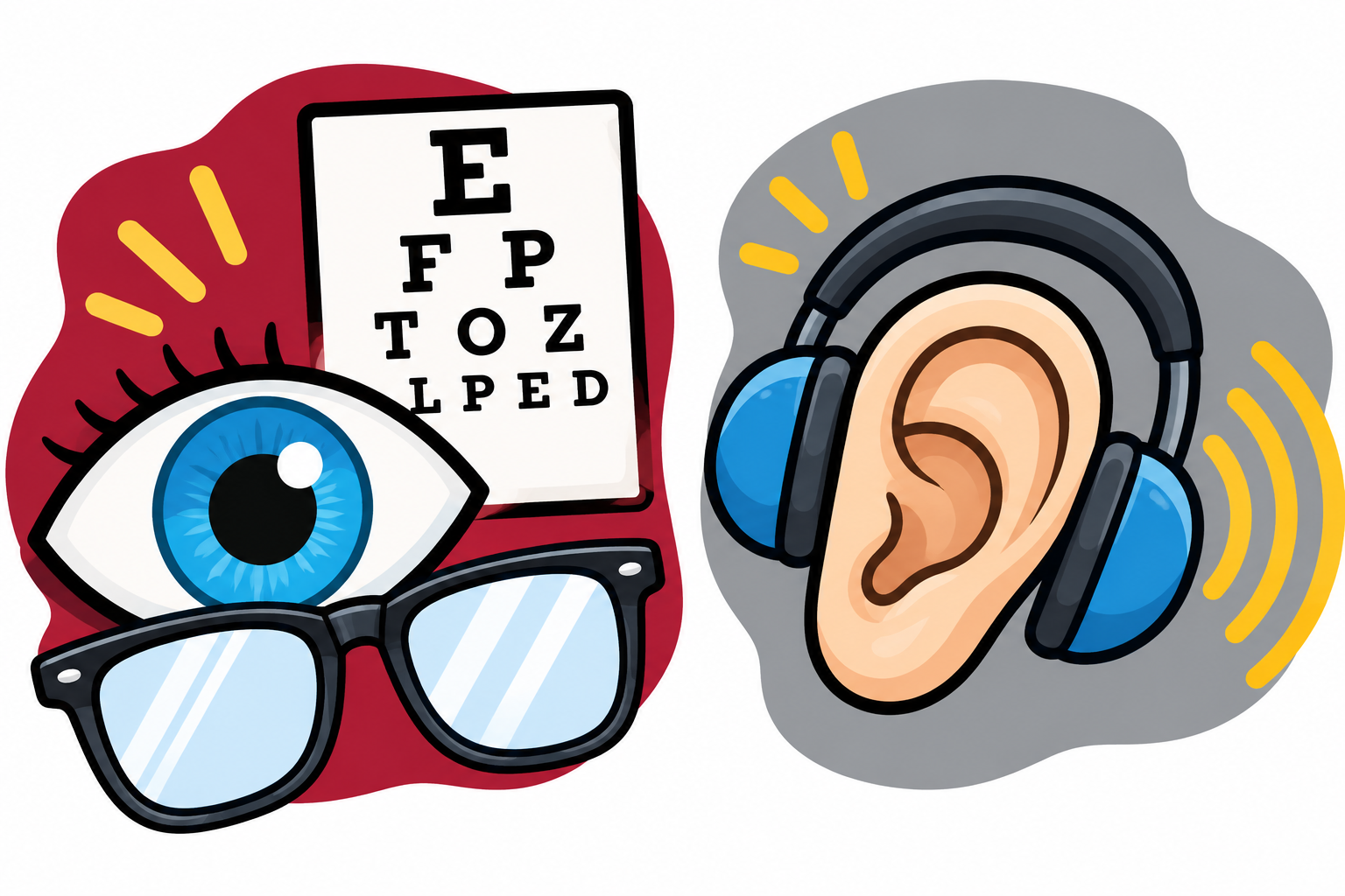 An illustration representing vision and hearing with an eye, glasses, an eye chart, and an ear with headphones.