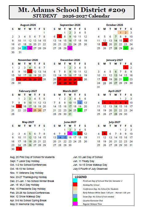 Student Calendar 2026-2027