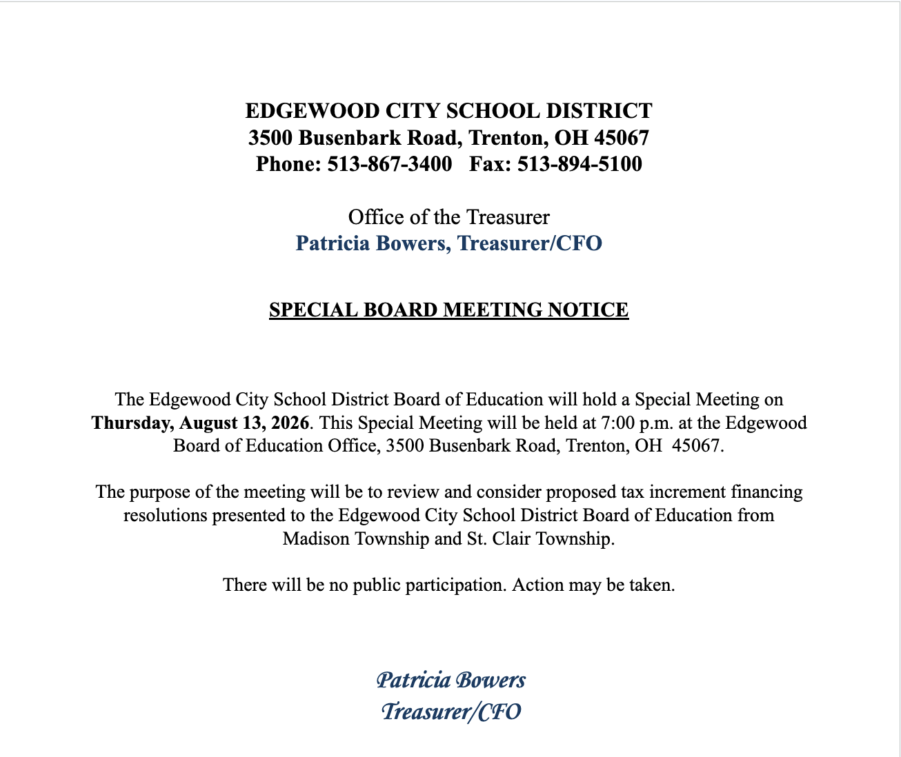 Special Board Meeting Notice- 8/13/26
