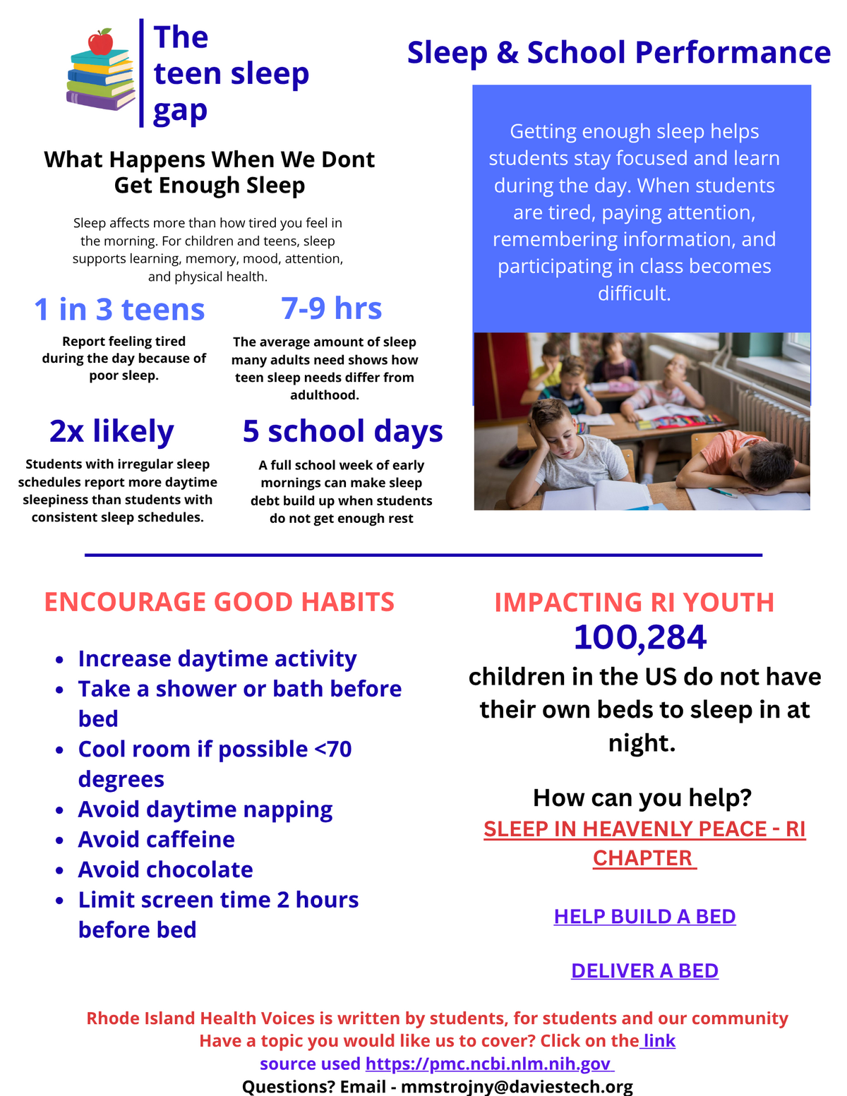 An infographic titled "The teen sleep gap" outlines statistics on teen sleep deprivation and its impact on school performance.