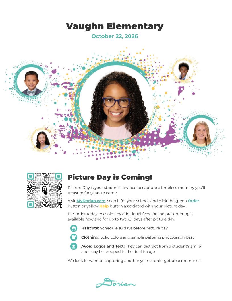 A Vaughn Elementary Picture Day flyer dated October 22, 2026, featuring student photos and pre-ordering information.