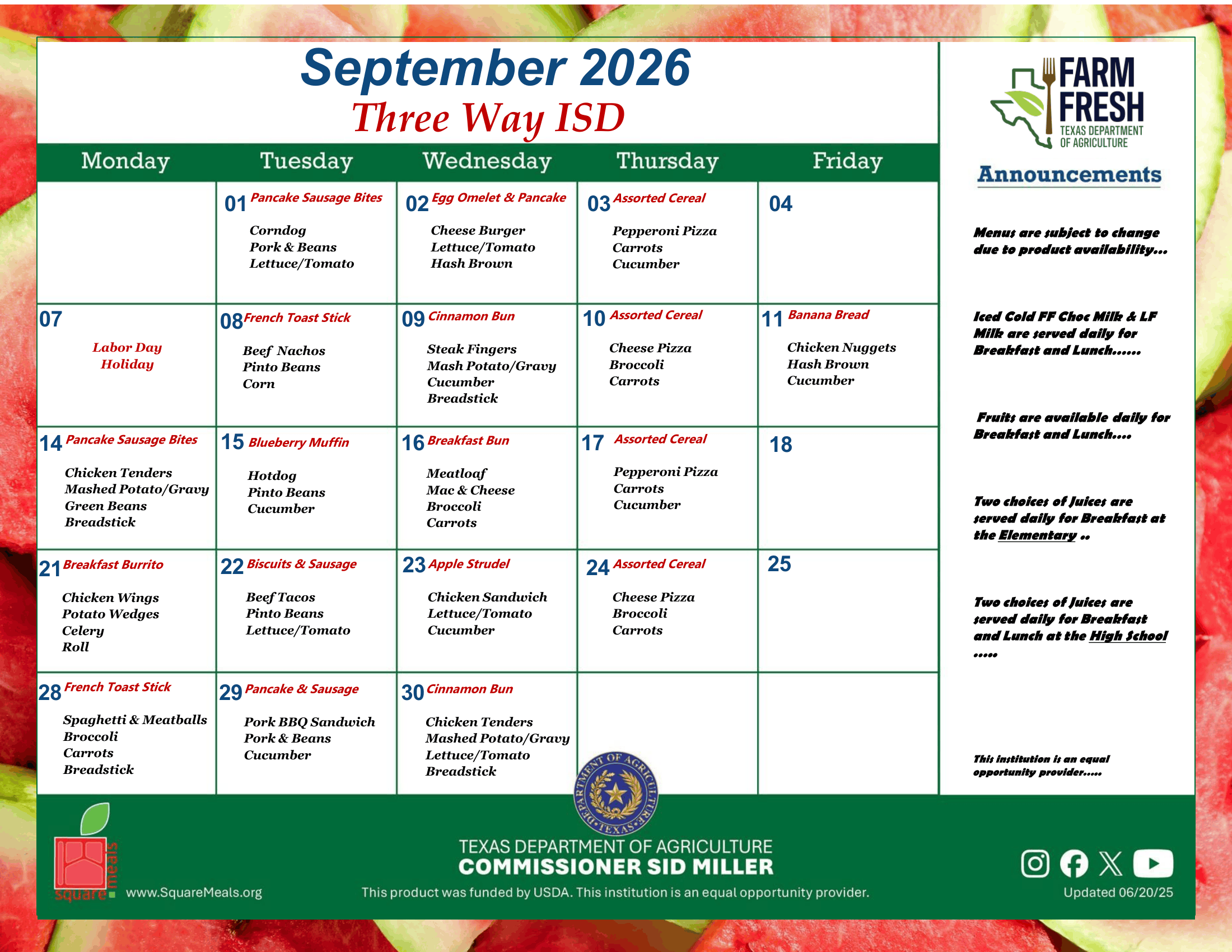 September Lunch Menu