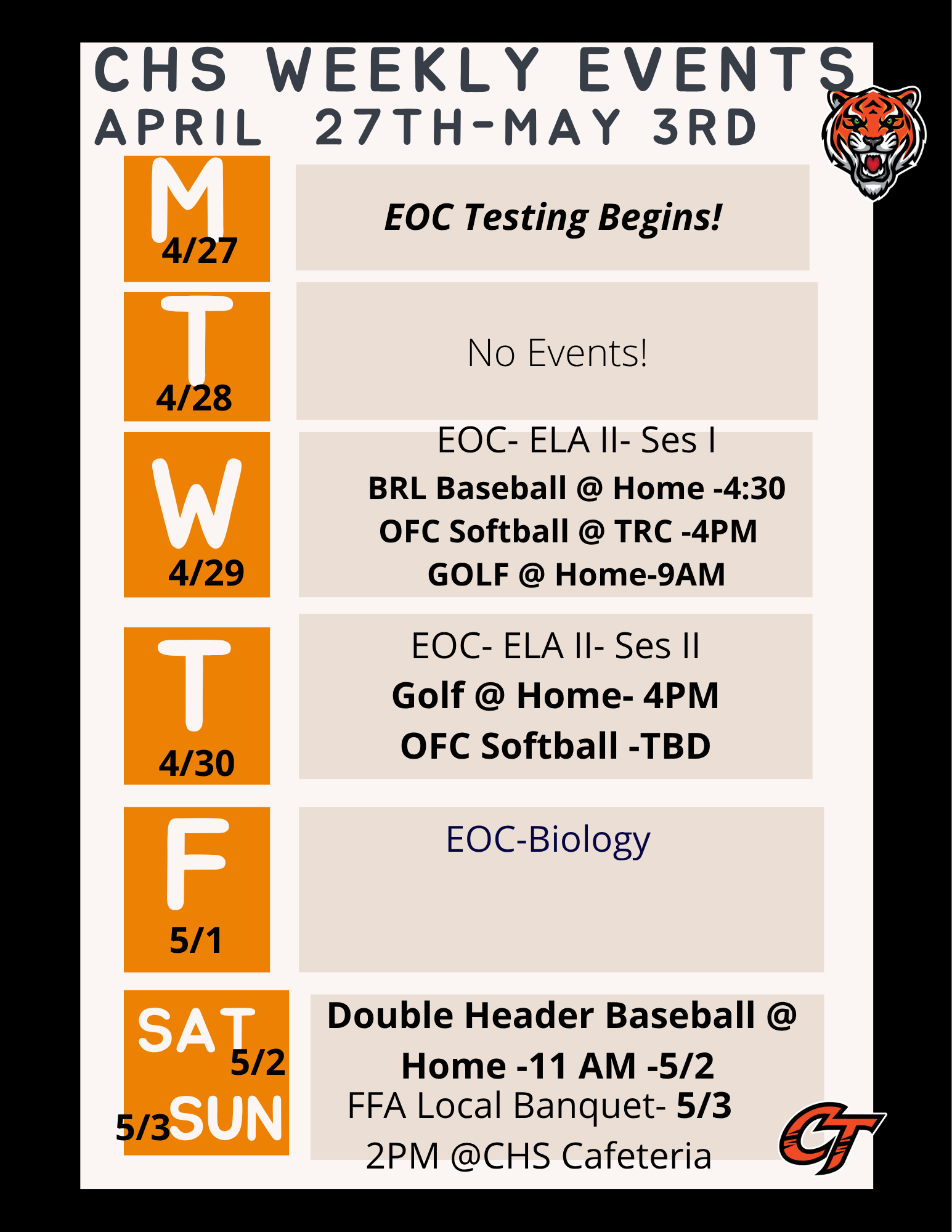 CHS Weekly Events for April 27th- May 3rd! 