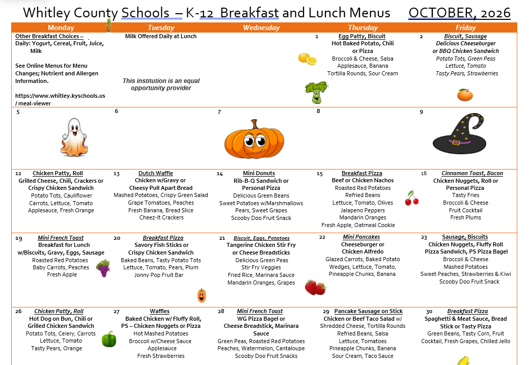 October Breakfast and Lunch Menu