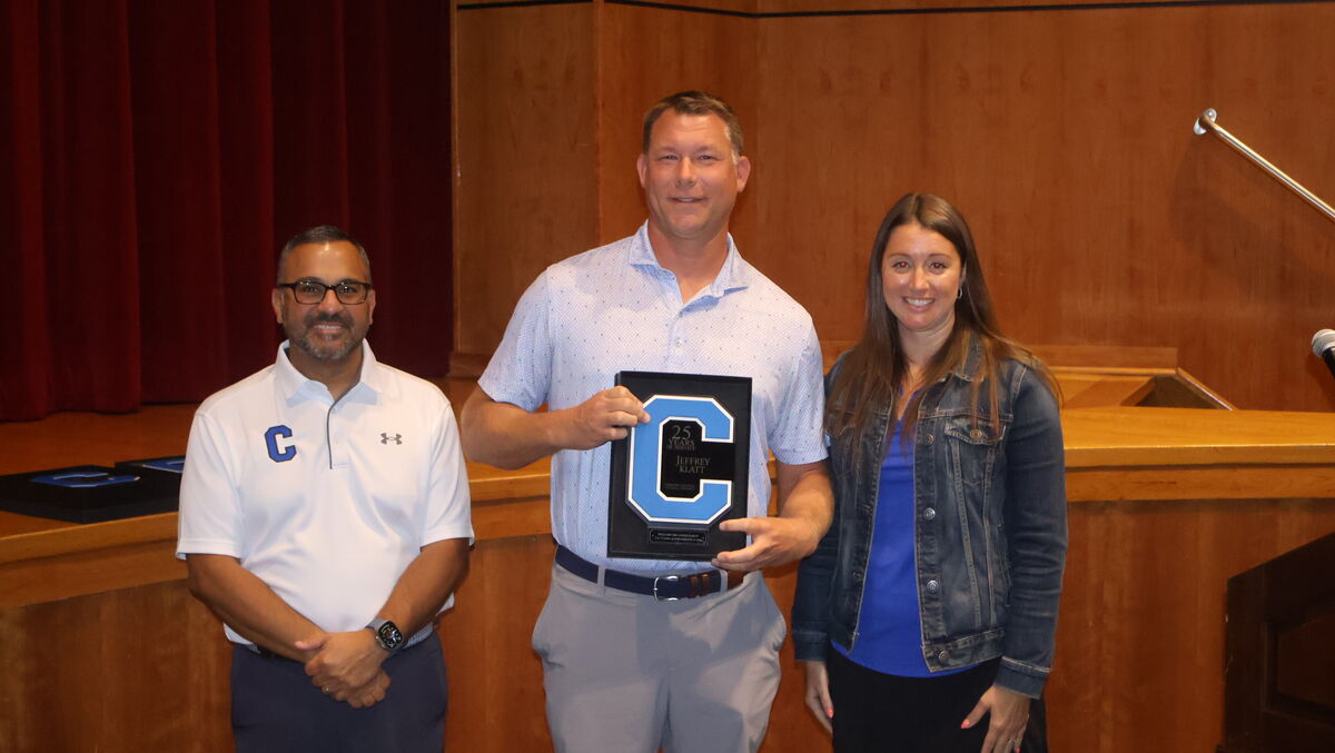 Jeff with Principal Brittany DerCola and Superintendent Jason Evangelist