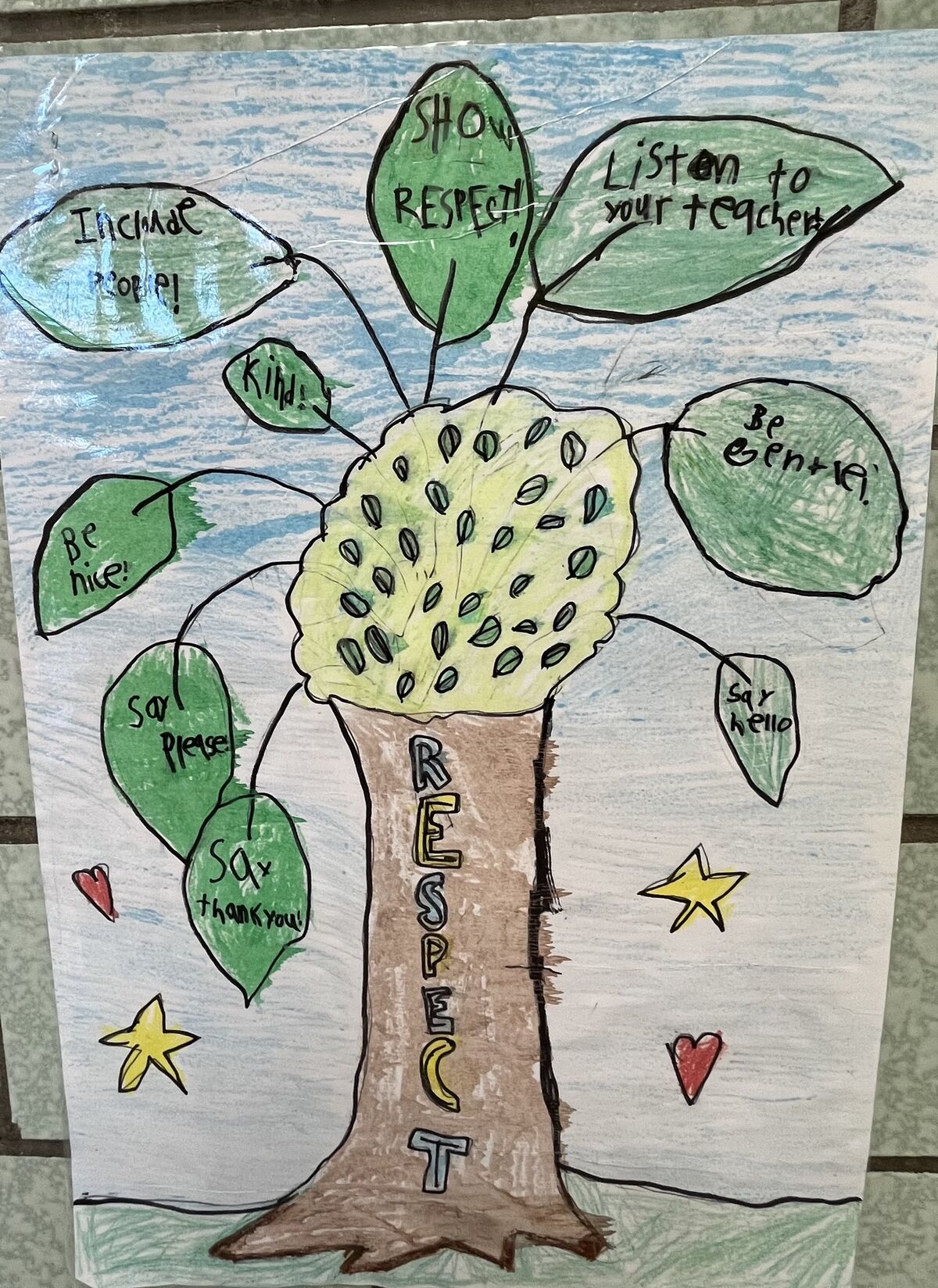 A child's drawing of a tree with green leaves featuring positive rules like 'Show Respect' and 'Be Kind.'