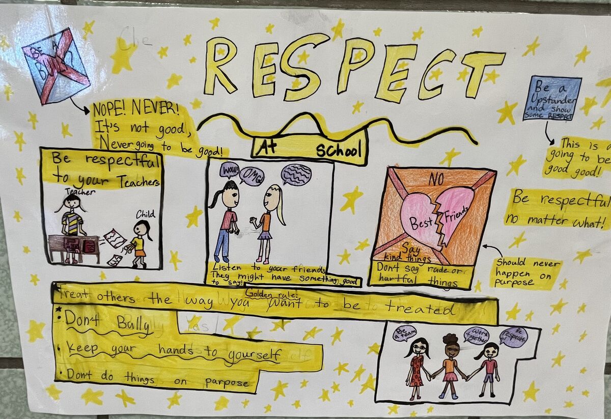 A hand-drawn school poster titled "RESPECT" featuring drawings, rules, and positive messages about kindness.