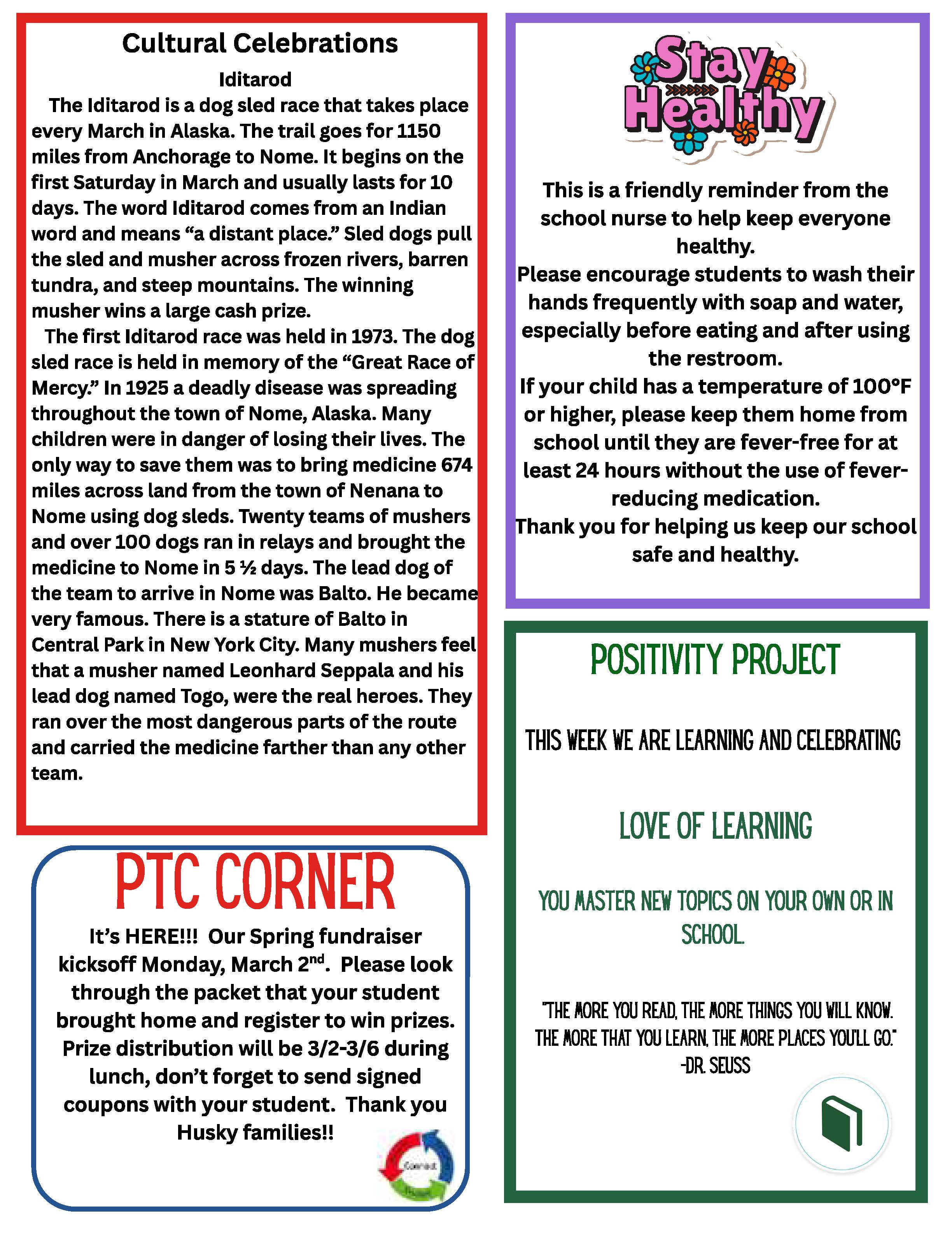 A flyer with three distinct sections: 'Cultural Celebrations' about the Iditarod, 'PTC Corner' announcing a fundraiser, and 'Stay Healthy' with health reminders.