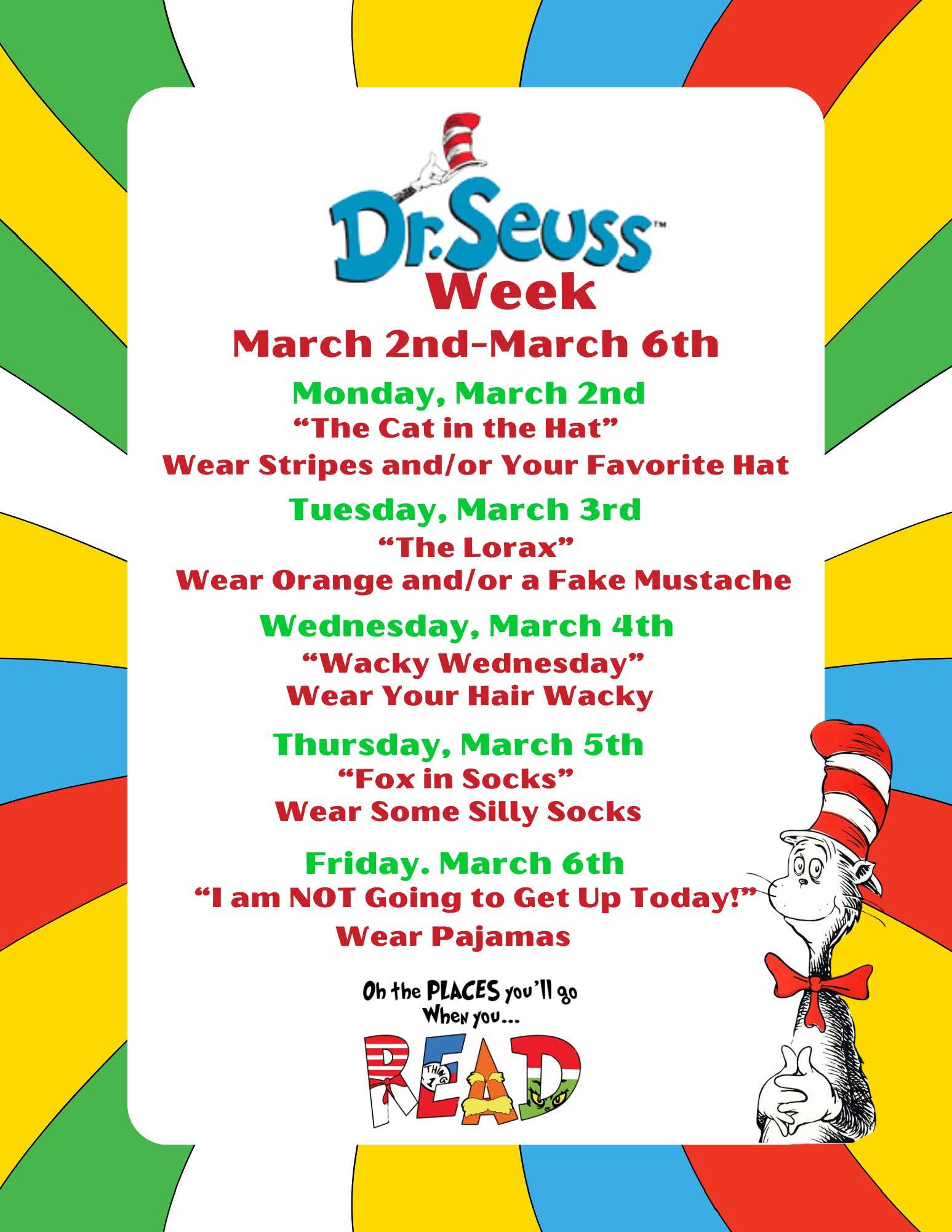 Dr. Seuss Week schedule from March 2nd-6th, featuring daily dress-up themes.