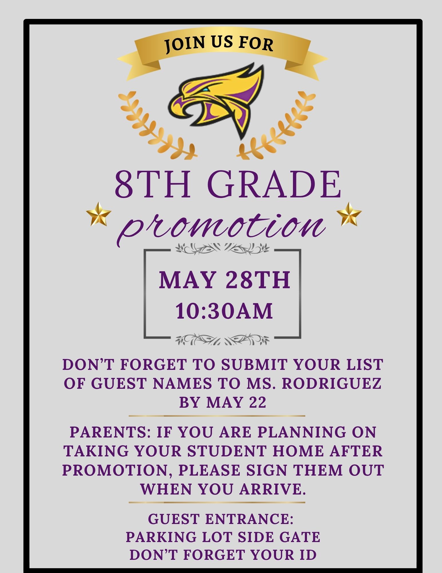 Invitation for an 8th Grade Promotion event on May 28th at 10:30 AM, featuring a school mascot.
