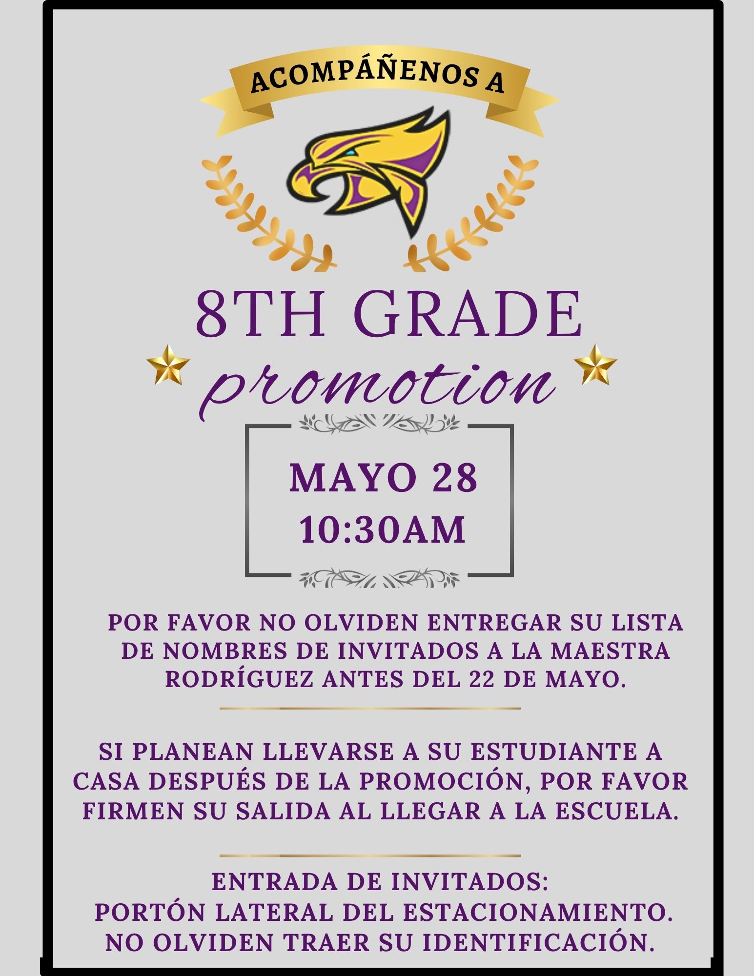 Invitation to an 8th Grade Promotion ceremony on May 28th at 10:30 AM.