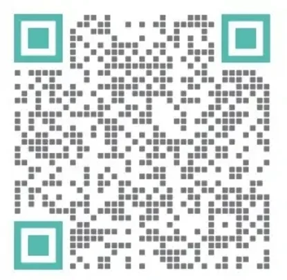 A QR code with teal corner markers on a white background.