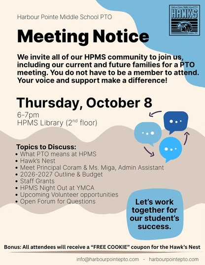 A flyer announces a Harbour Pointe Middle School PTO meeting on Thursday, October 8, from 6-7pm in the HPMS library.