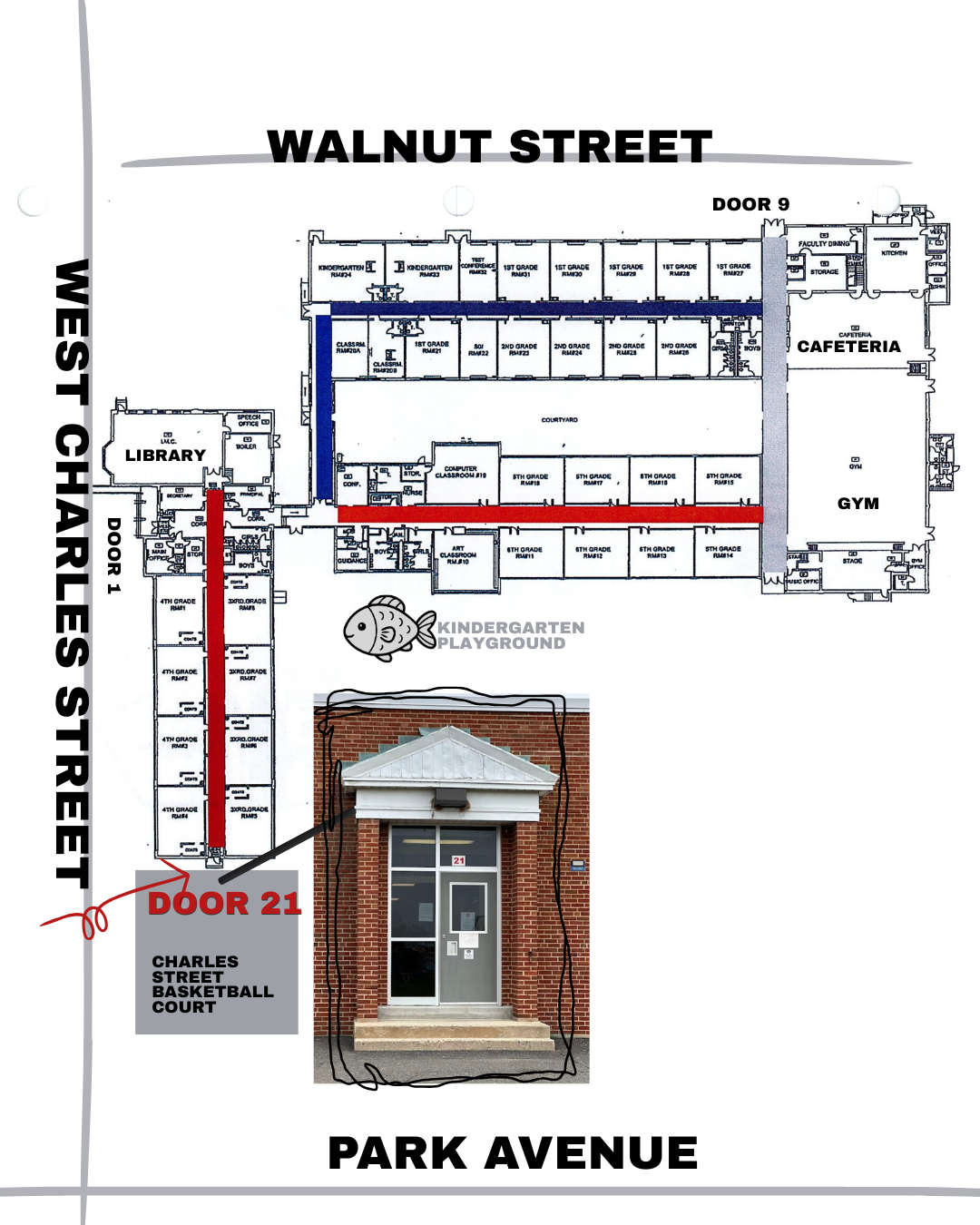 Floor plan of CSS showing door 21 classrooms, library, cafeteria, gym, and offices.