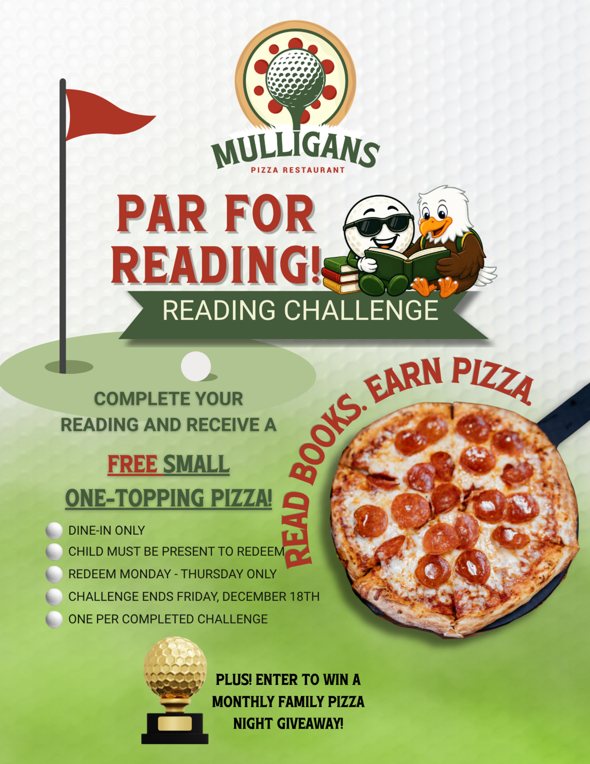 Mulligan's Pizza Restaurant hosts a 'Par for Reading' challenge, offering a free pizza for completing reading goals.