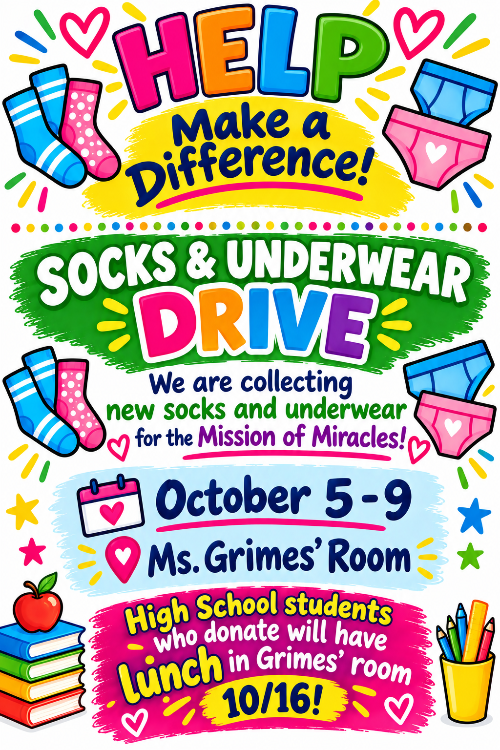 Sock & Underwear Drive for Mission of Miracles - October 5-9