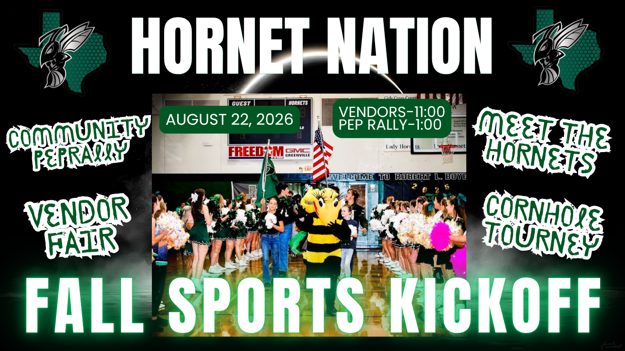 Poster for "Hornet Nation Fall Sports Kickoff" event on August 22, 2026, featuring a pep rally, vendor fair, and cornhole tournament.