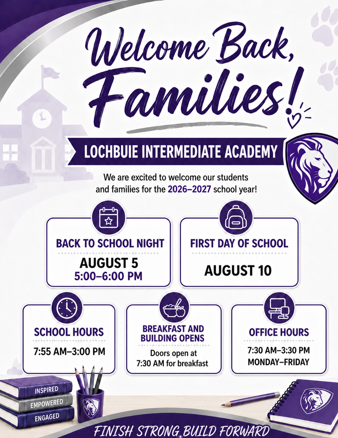 Lochbuie Intermediate Academy welcomes families back for the 2026-2027 school year with key dates and hours.