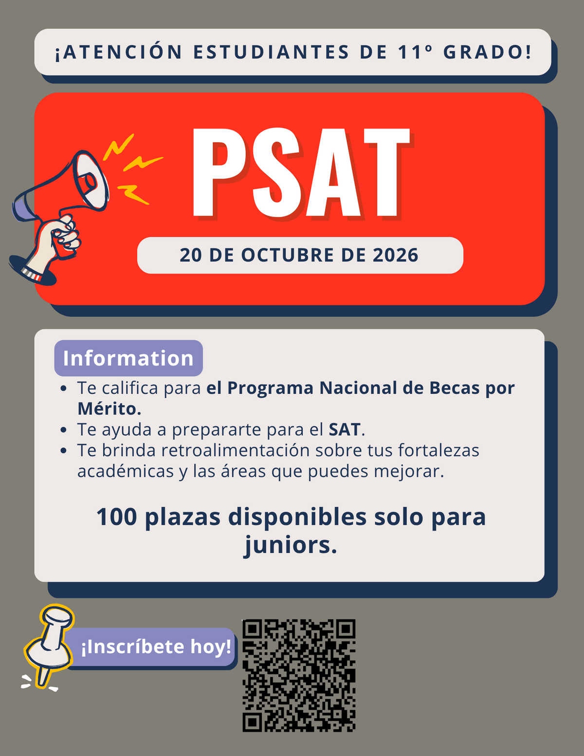 A digital flyer announcing the PSAT for 11th-grade students on October 20, 2026, with a red header and megaphone illustration.