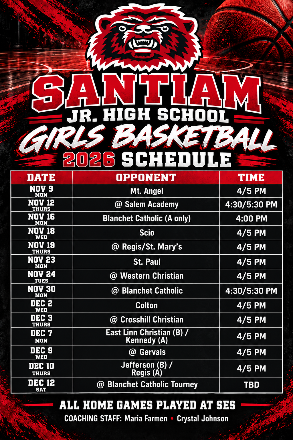 Jr. High Girls Basketball Schedule