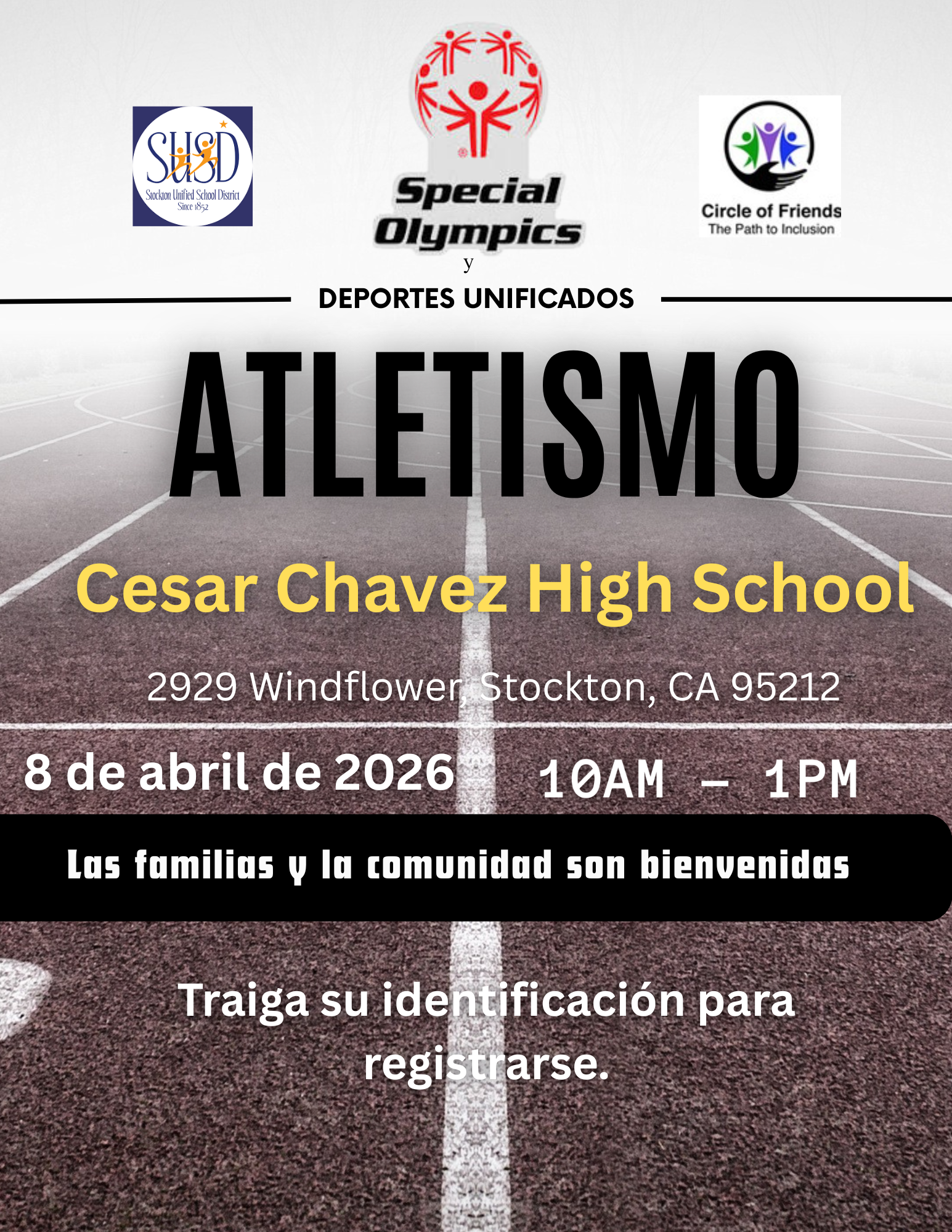 Poster announcing 'ATLETISMO' (Athletics) event at Cesar Chavez High School on April 8, 2026, from 10 AM to 1 PM.